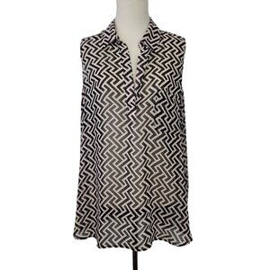 Pleione Womens Geometric Black & White Sleeveless Polyester Blouse Size L